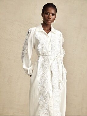 White Lace-Trim Long Button-Down Dress